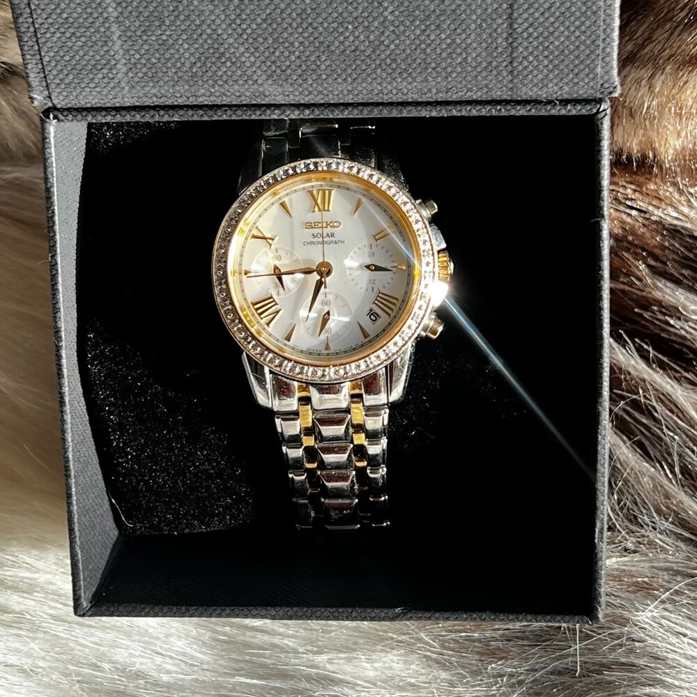 Seiko Two-Tone Silver and Gold Women's Solar Watch with Crystal Bezel